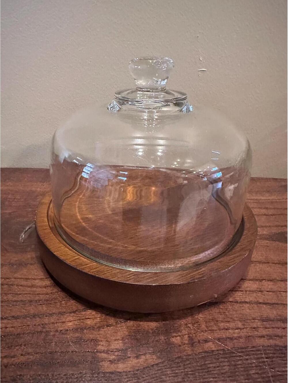 Vintage Goodwood Teak Wood Glass Co weed Cloche Cheese or Dessert Serving Tray